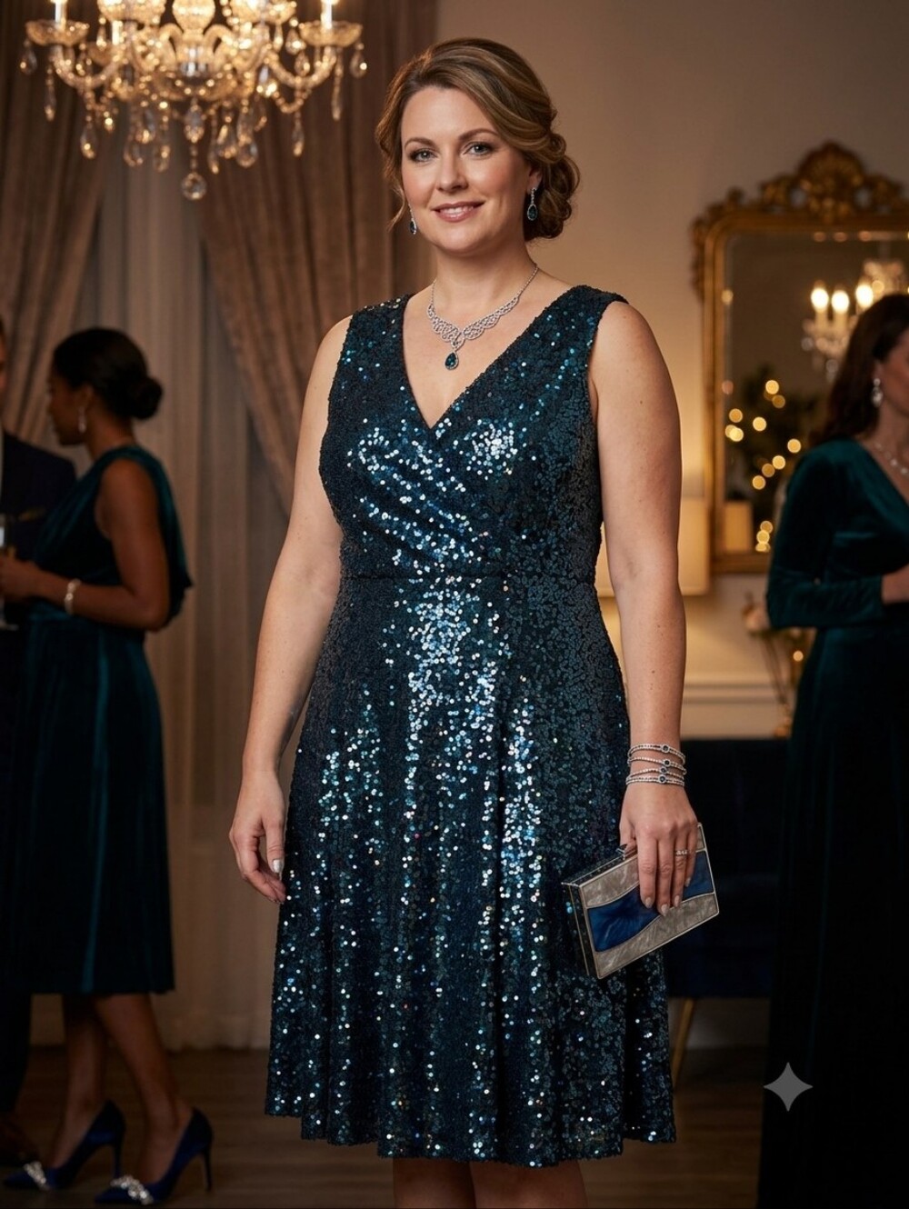 Grace Karin Navy Sequin Midi Dress
